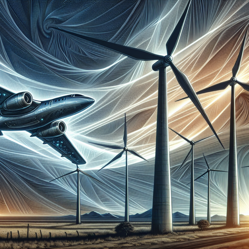 Illustration depicting the convergence of aerospace and wind energy, featuring airplanes and wind turbines under a dynamic, stylized sky.