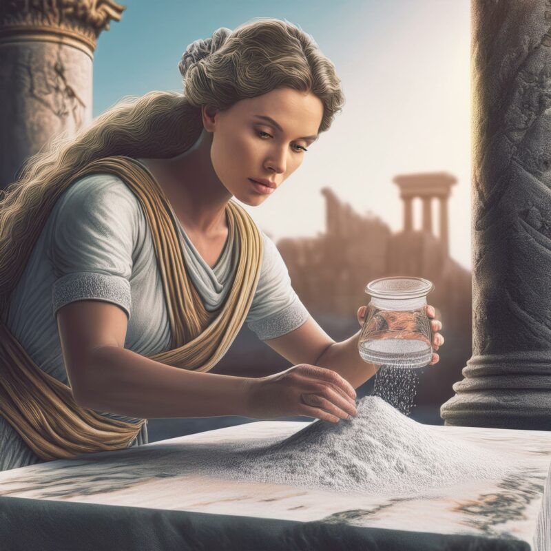 etailed image of an ancient Roman woman, dressed in traditional attire, carefully sprinkling a fine white powder (flour) onto a marble slab, holding a translucent container. The background features ancient Roman architecture with columns and ruins, signifying the historical context of early non-destructive testing techniques.