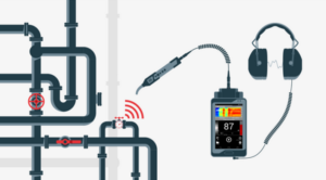 Illustration of ultrasonic leak detection equipment monitoring a pipeline for leaks, showing the integration of sensors, a handheld device, and headphones.