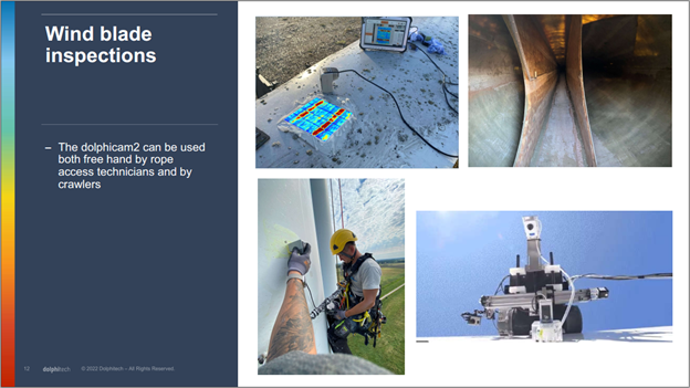 Through-wall dimensional measurements of a 38mm thick wind blade spar cap to shear web bond. Distinct thickness regions (A-E) are identified, including the thin skin, back surface of spar cap, and shear web. Backwall echo loss locations are also highlighted, showcasing the precision of NDT techniques for in-service wind blade inspection and maintenance.